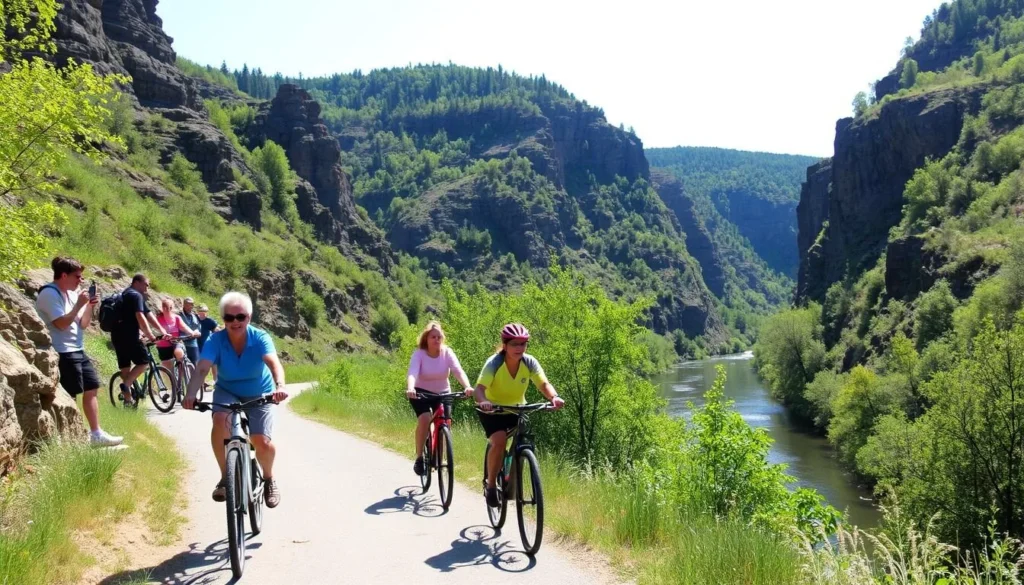 Pine Creek Rail Trail with cyclists riding through the gorge