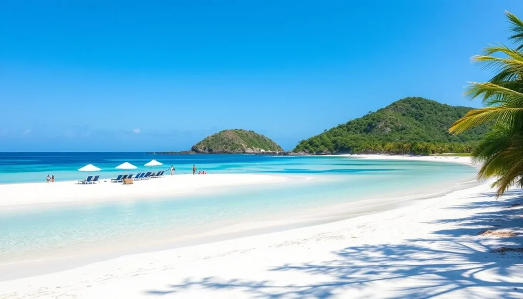 Pinel Island beach with turquoise waters and beach chairs