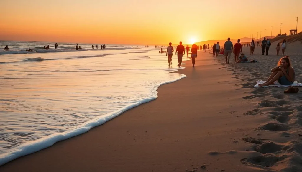 Pismo State Beach during sunset with golden light illuminating the coastline and diverse visitors enjoying the beach Pismo State Beach during sunset with golden light illuminating the coastline and diverse visitors enjoying the beach