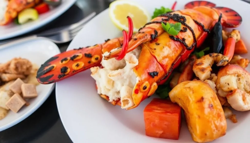 Plate of grilled lobster and seafood from a Grand Case restaurant