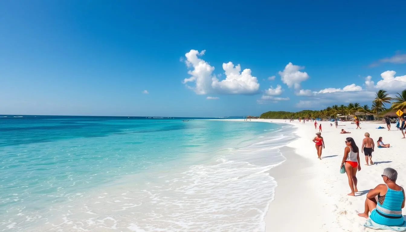 Playa Pilar beach during high season with perfect weather, clear turquoise waters and white sand