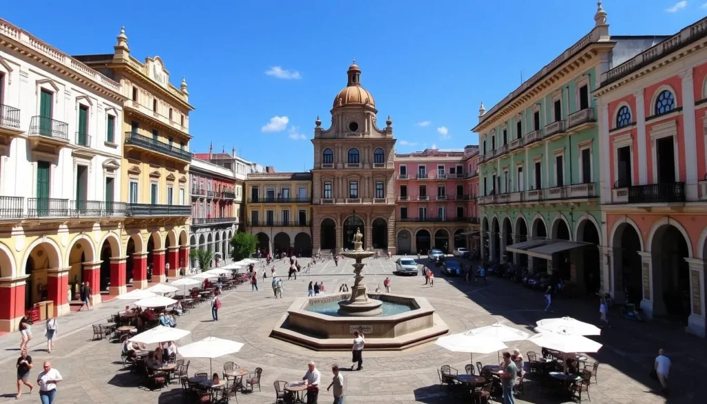 Plaza Vieja in Old Havana with colonial architecture and outdoor cafes