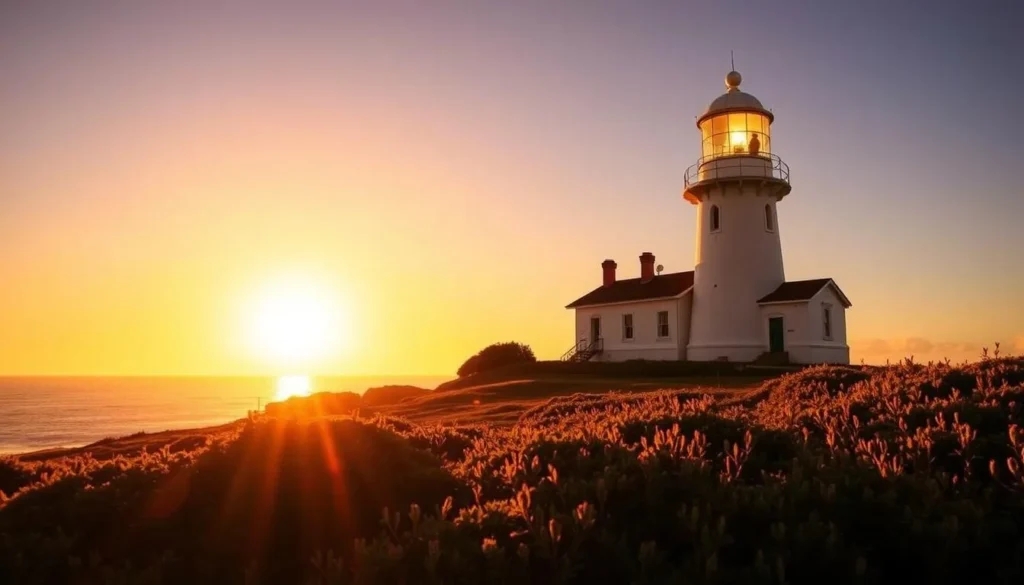 Point Cabrillo Light Station at sunset with golden light illuminating the white tower and surrounding landscape