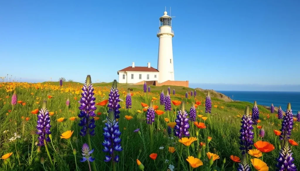 Point Cabrillo Light Station surrounded by colorful wildflowers in late spring with the ocean in the background