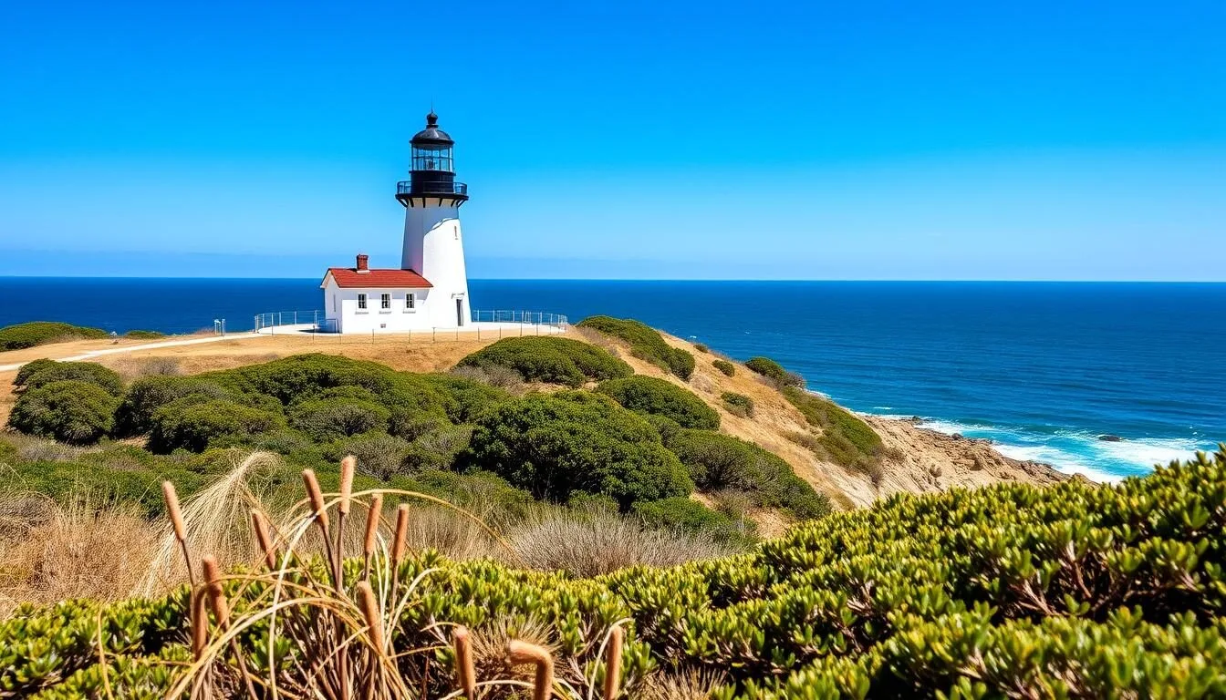 Point Cabrillo Lighthouse with its white tower and black lantern room standing on a coastal bluff on a clear sunny day