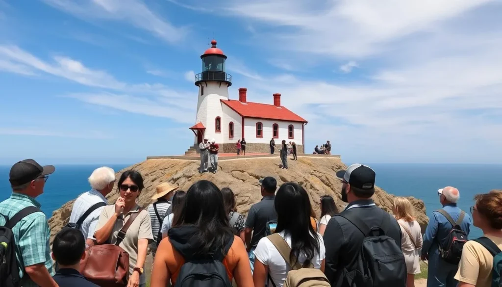 Point Sur Lighthouse tour with visitors exploring the historic buildings and enjoying coastal views