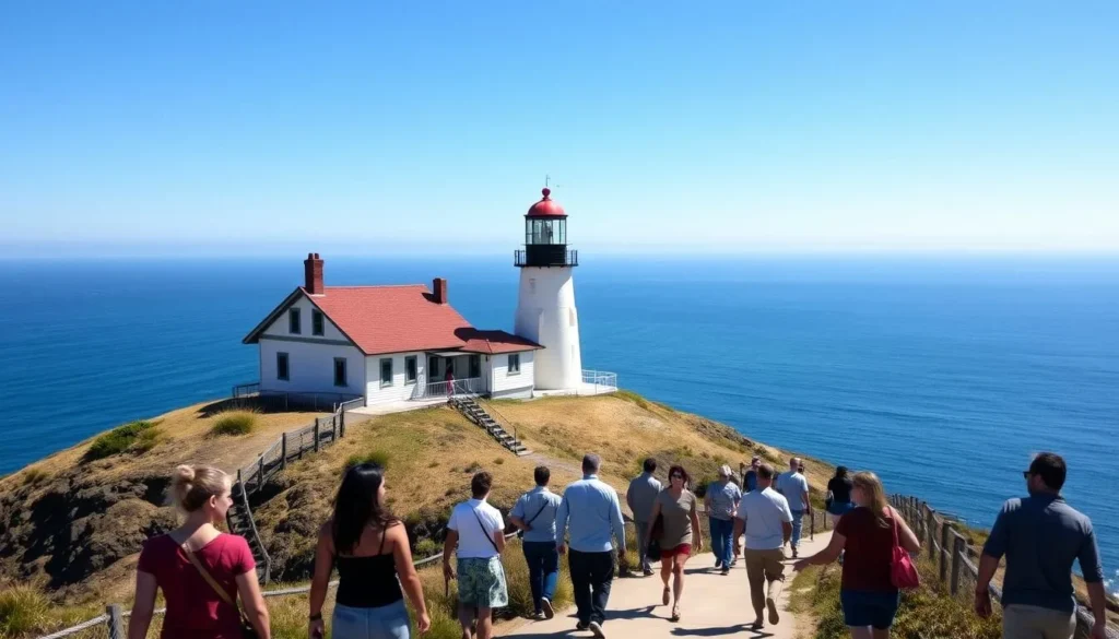 Point Sur State Historic Park in summer with clear skies and visitors enjoying the lighthouse views