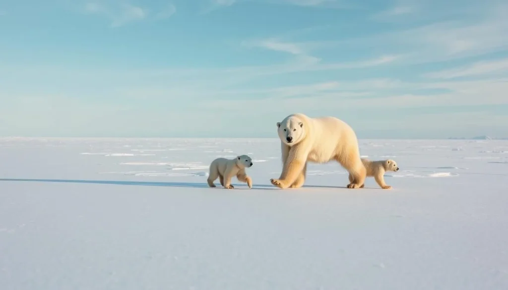 Polar bear walking on Arctic ice with cubs