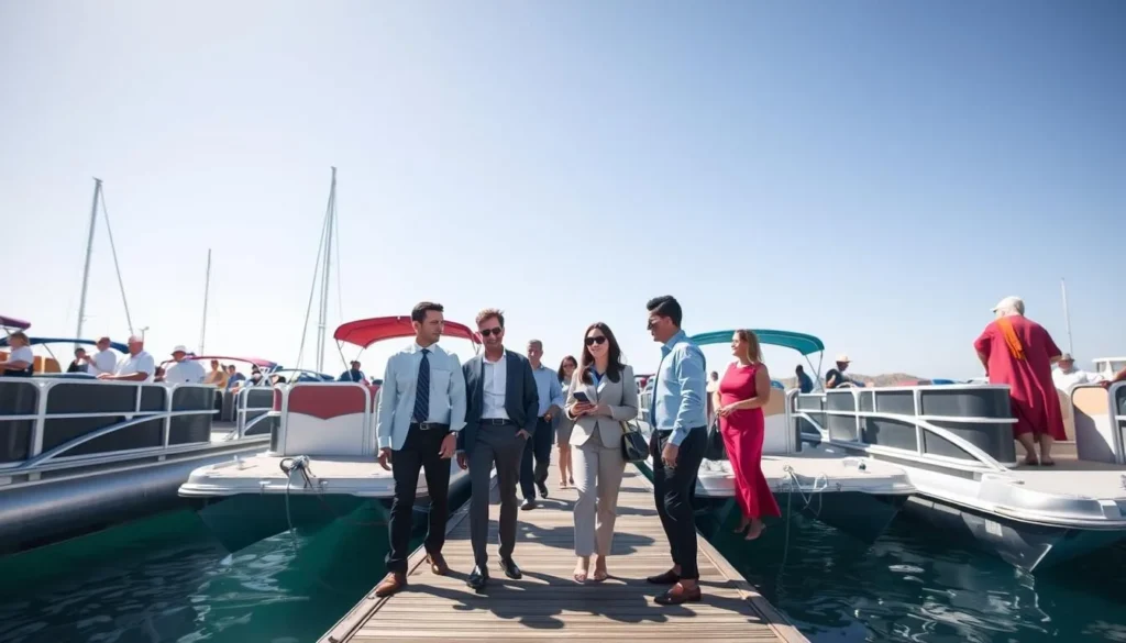 Pontoon boats available for rent at one of Lake of Egypt's marinas with diverse visitors preparing for a day on the water Pontoon boats available for rent at one of Lake of Egypt's marinas with diverse visitors preparing for a day on the water