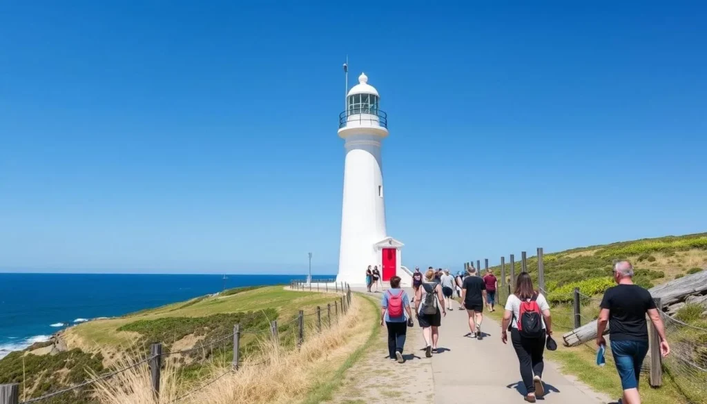 Port Fairy Lighthouse on Griffiths Island with coastal views and walking path