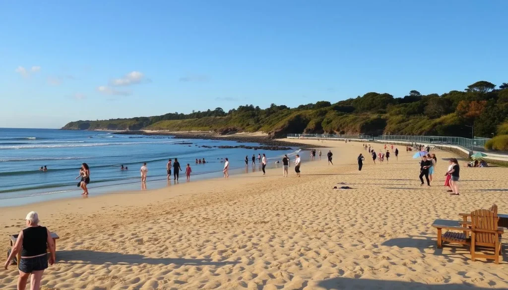 Port Fairy beach in autumn with mild weather, few tourists, and golden light