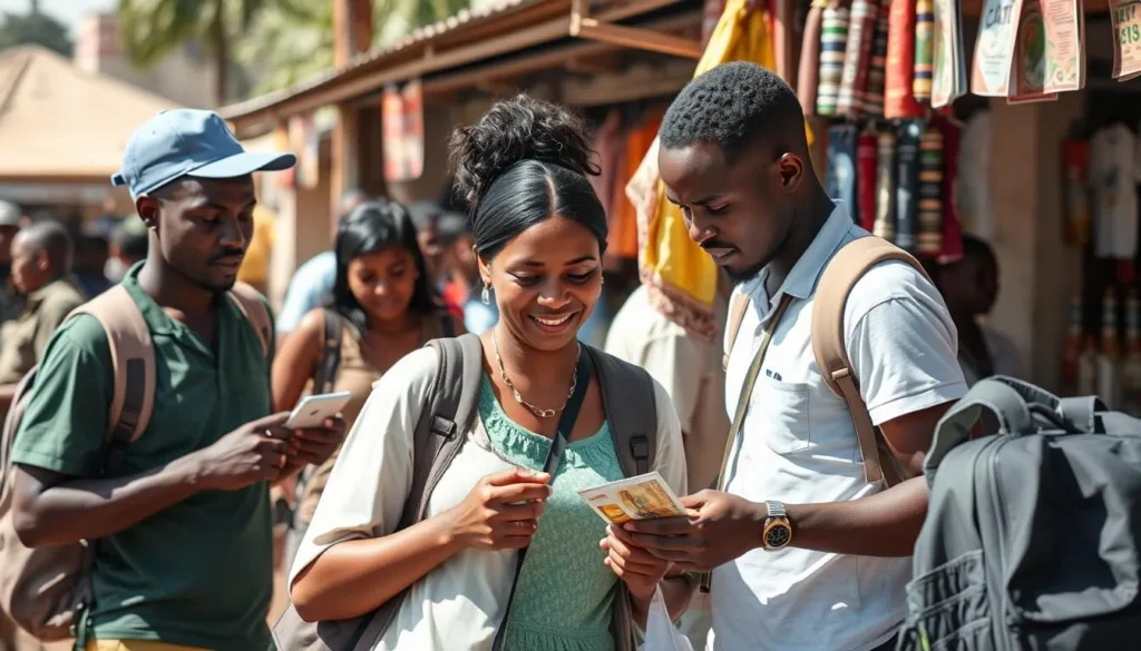 Practical travel scene in Mbarara Uganda showing tourists navigating the city, useful information for a Mbarara Uganda travel guide