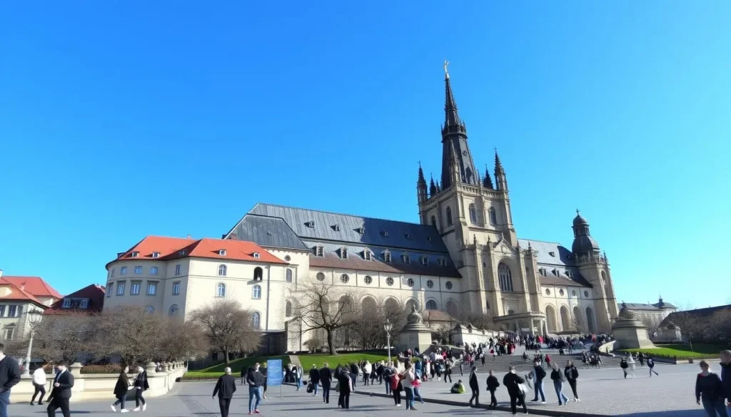 Prague Castle complex with St. Vitus Cathedral against blue sky