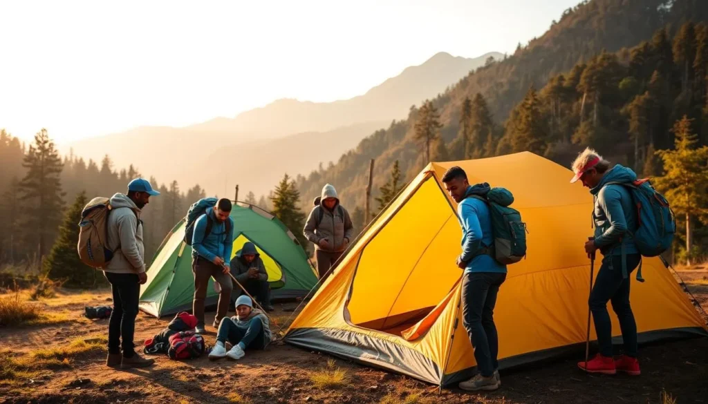 Prepared hikers with proper gear setting up camp in Mount Elgon National Park