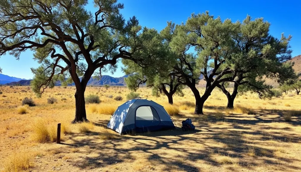 Primitive camping site near Canelo Hills Cienega Reserve Arizona with tent setup under oak trees Primitive camping site near Canelo Hills Cienega Reserve Arizona with tent setup under oak trees