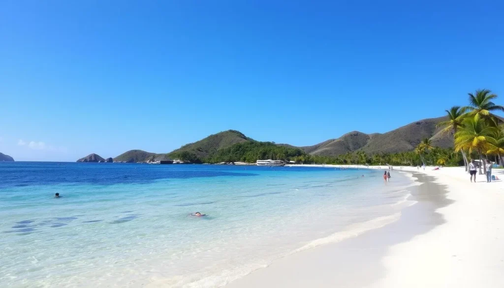 Pristine beach at Anse Crawen with clear turquoise water and palm trees