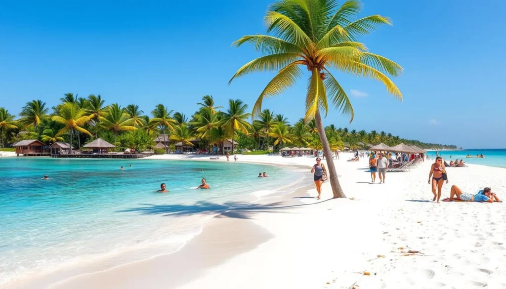 Pristine white sand beach in Varadero with turquoise waters and palm trees