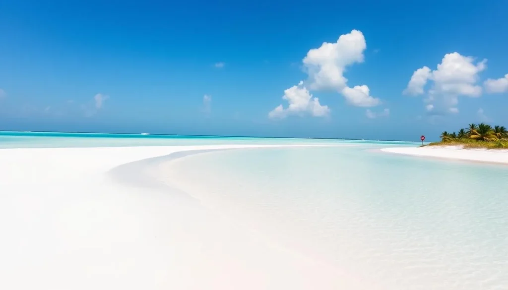Pristine white sand beach on Fort George Cay with no crowds