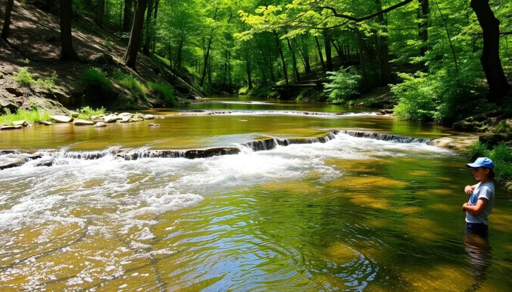 Prouty Run waterway flowing through the park with small cascades and clear water Prouty Run waterway flowing through the park with small cascades and clear water