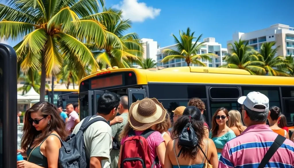 Public bus transportation in Cancun's Hotel Zone with tourists boarding Public bus transportation in Cancun's Hotel Zone with tourists boarding