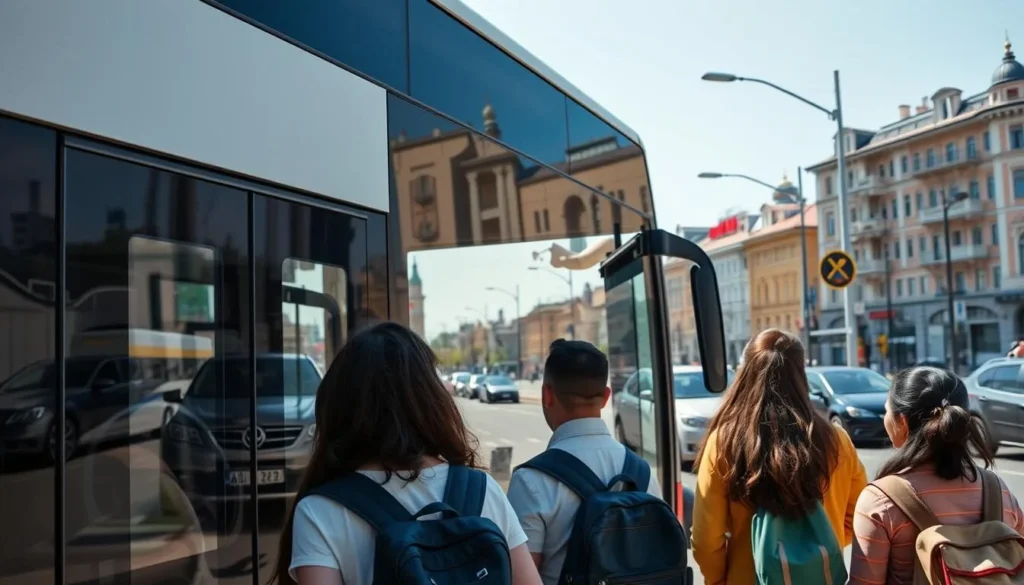 Public transportation in Bryansk with diverse tourists waiting at a bus stop Public transportation in Bryansk with diverse tourists waiting at a bus stop