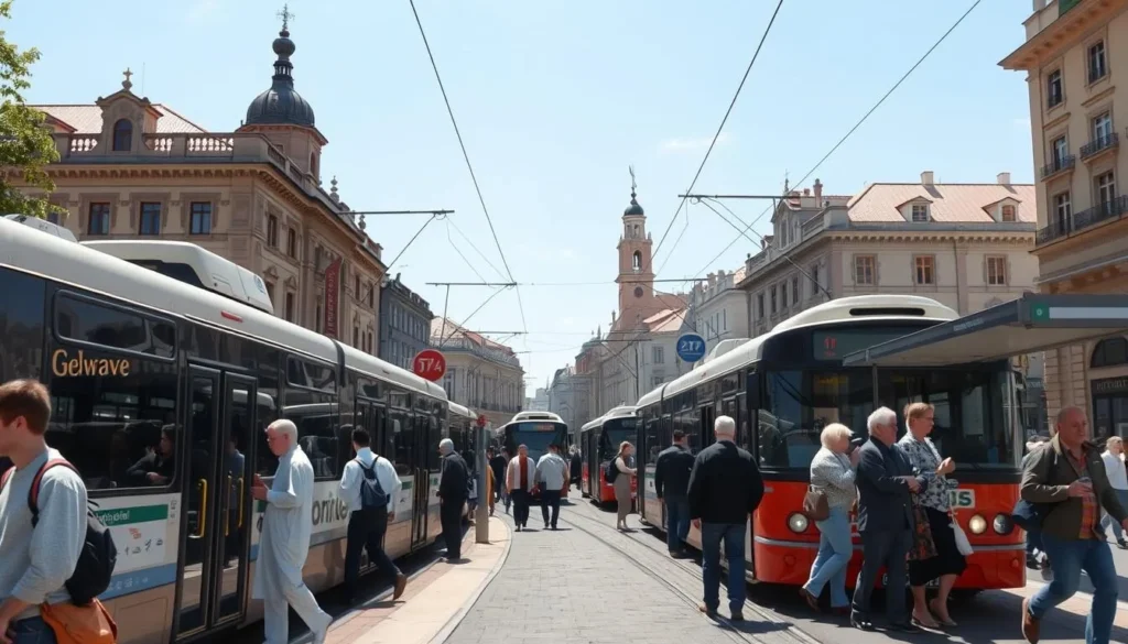 Public transportation in Penza with trolleybuses and pedestrians on a city street