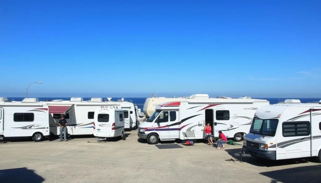 RV camping area at Bolsa Chica State Beach California with ocean views RV camping area at Bolsa Chica State Beach California with ocean views