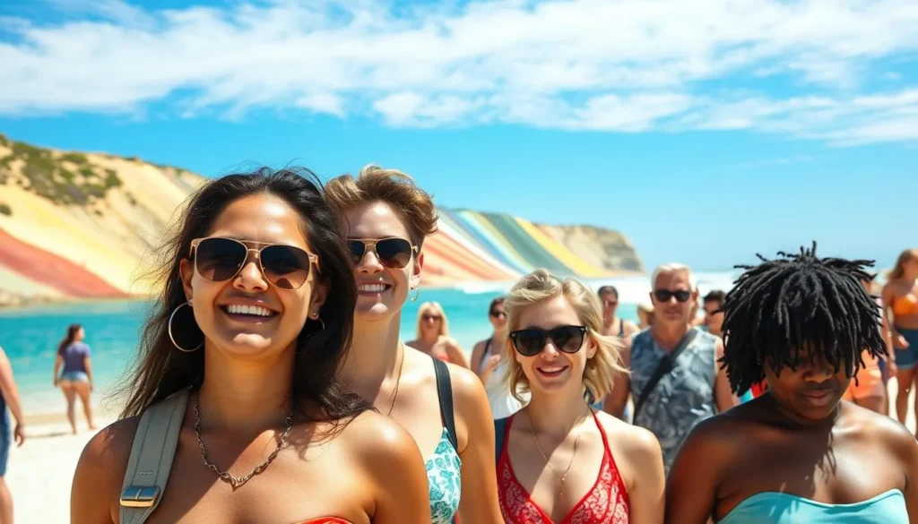 Rainbow Beach during perfect weather with tourists enjoying the colorful sand cliffs