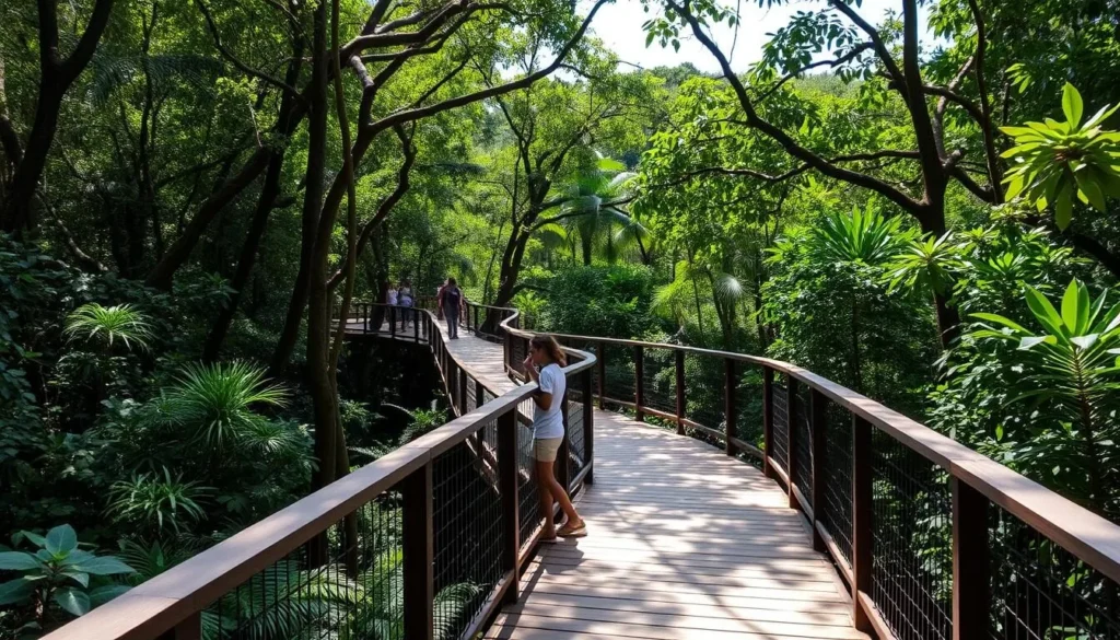 Raised wooden walkway through forest at Ngamba Island Sanctuary Raised wooden walkway through forest at Ngamba Island Sanctuary