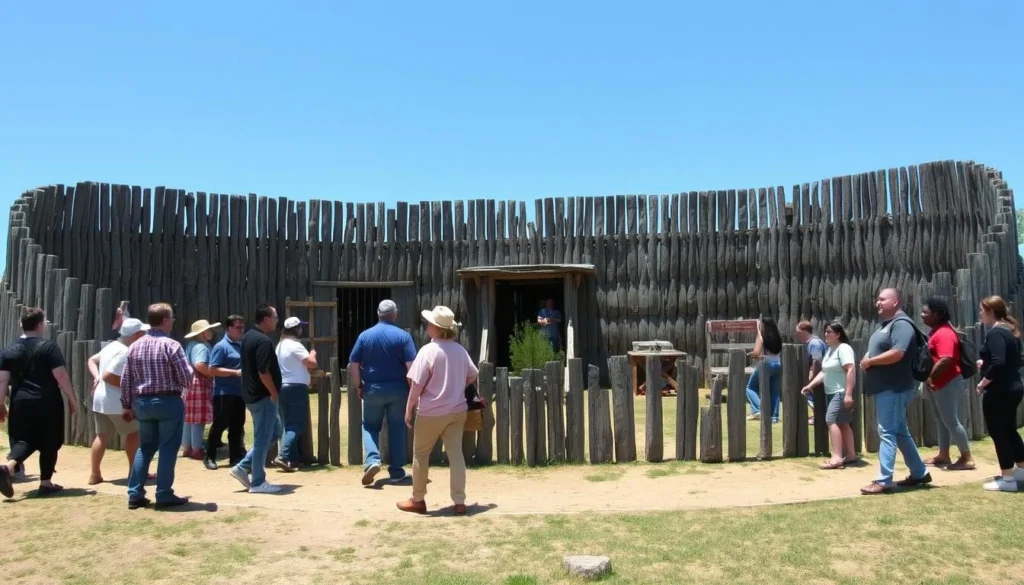 Reconstructed Fort Necessity circular stockade with visitors exploring the historic site Reconstructed Fort Necessity circular stockade with visitors exploring the historic site