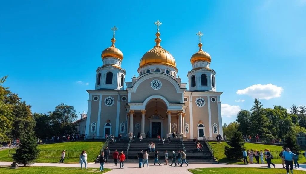 Reconstructed Spassky Cathedral in Penza with golden domes against blue sky