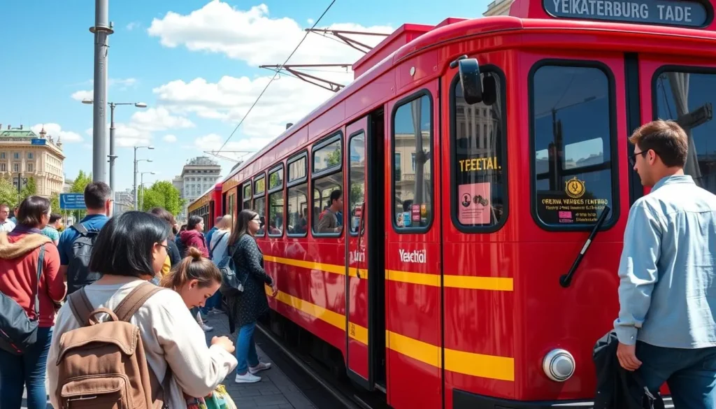 Red and yellow trams in Yekaterinburg with tourists boarding