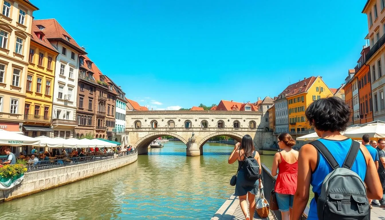 Regensburg's Stone Bridge and colorful buildings along the Danube River during summer with tourists enjoying outdoor cafes