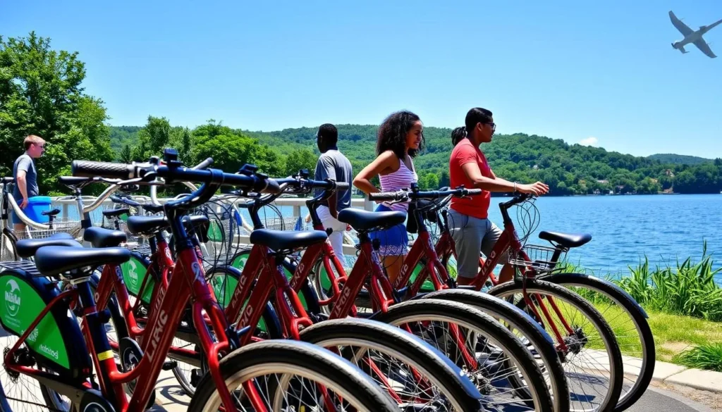Rental bicycles lined up near Lake Genero with a scenic lake view in the background Rental bicycles lined up near Lake Genero with a scenic lake view in the background