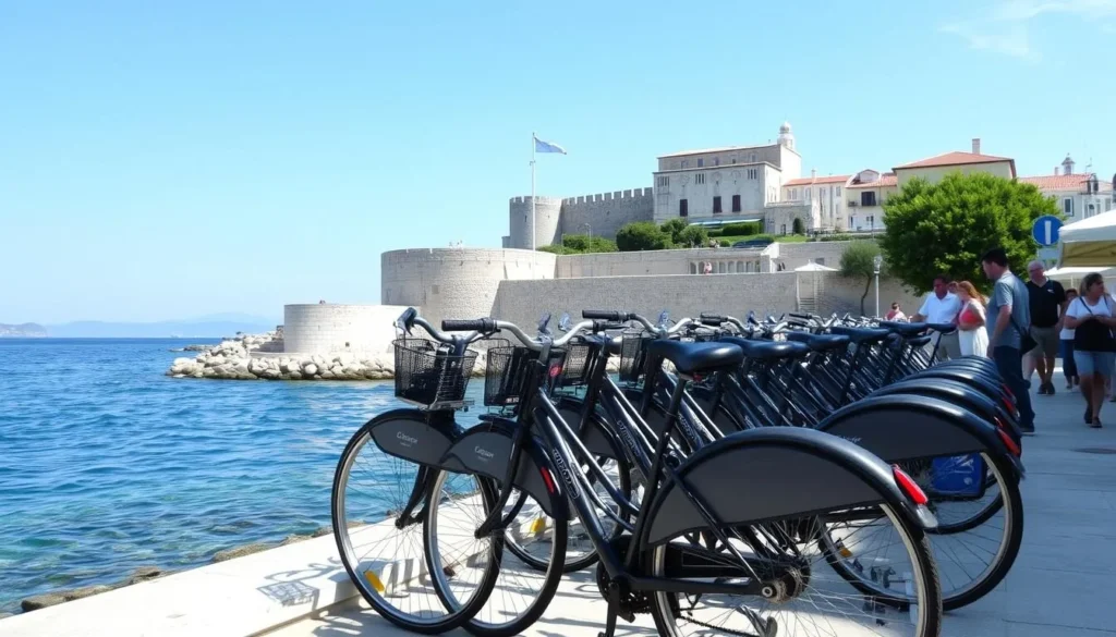 Rental bicycles parked along Korcula's waterfront promenade