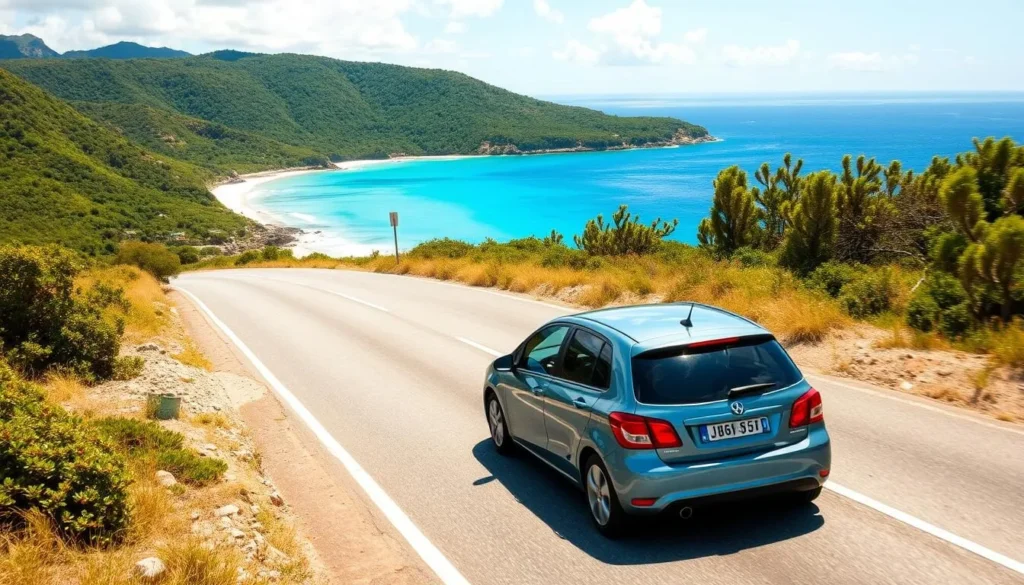 Rental car driving along coastal road on Marie-Galante with ocean view