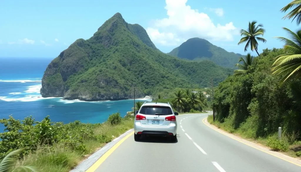 Rental car driving along the coastal road near Anse de Sables with ocean views