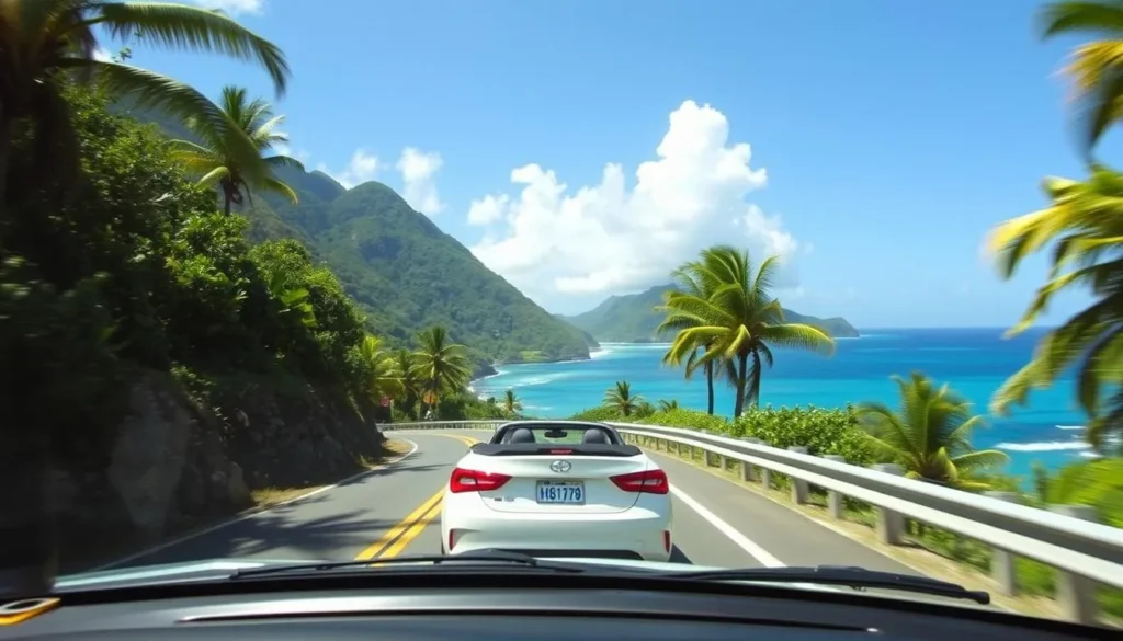 Rental car driving along the scenic coastal road in Cap Estate with ocean views