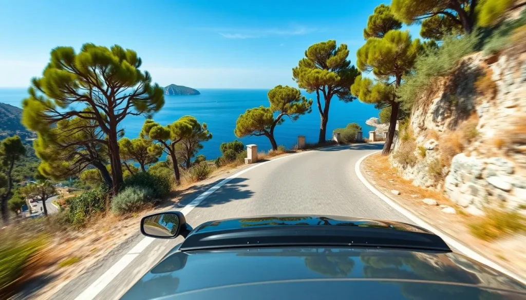 Rental car driving on a coastal road on Brac Island with sea views