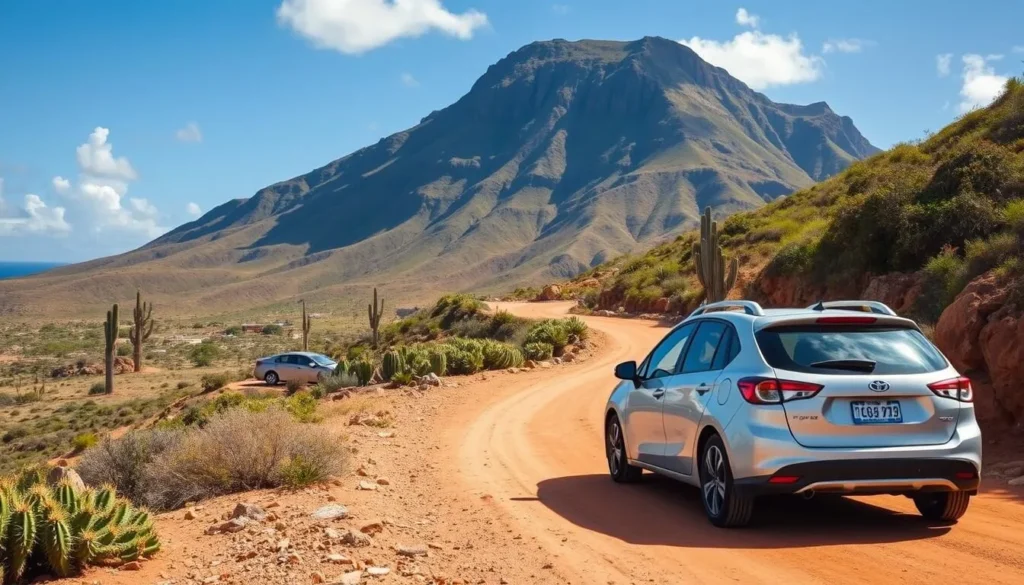 Rental car on a scenic road in Christoffel National Park Curacao with mountain views
