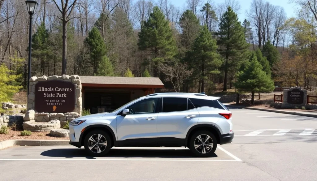 Rental car parked at Illinois Caverns State Park entrance Rental car parked at Illinois Caverns State Park entrance