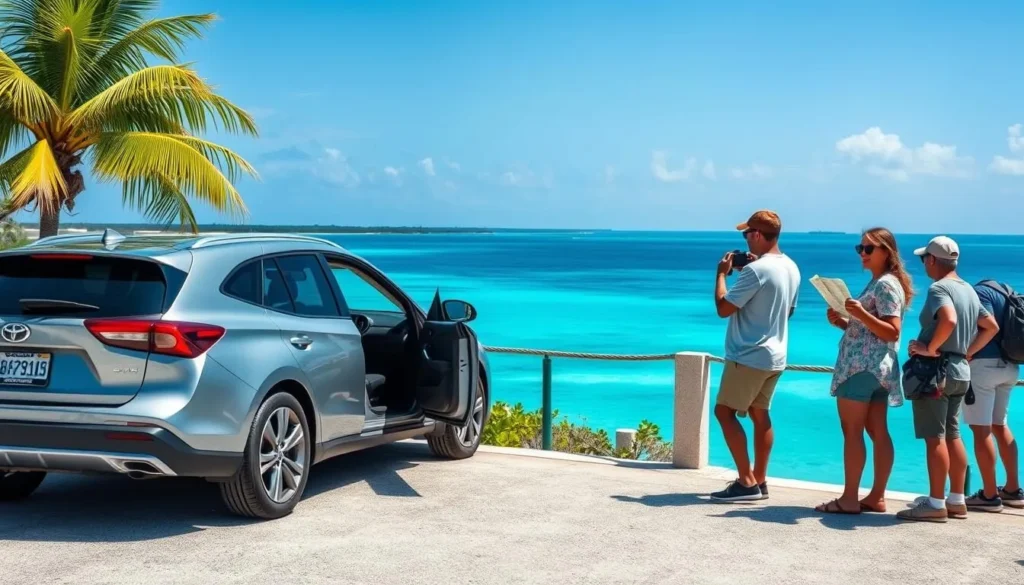 Rental car parked at a scenic viewpoint on Sugarloaf Key with ocean in background