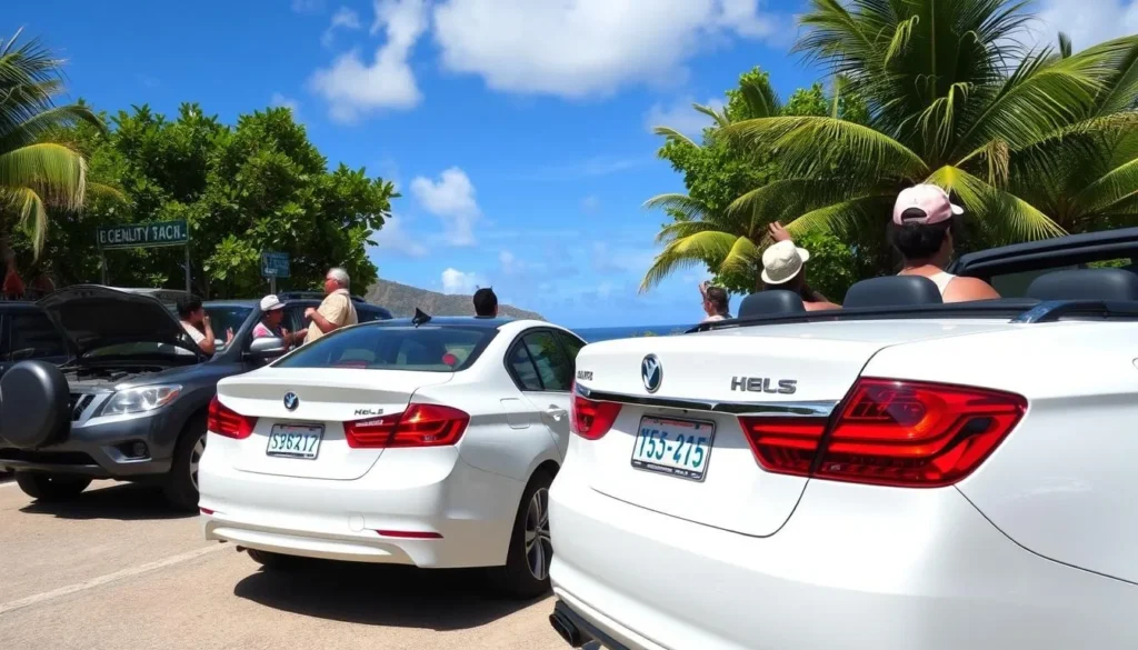 Rental cars parked near Cupecoy Beach with tourists exploring the area Rental cars parked near Cupecoy Beach with tourists exploring the area