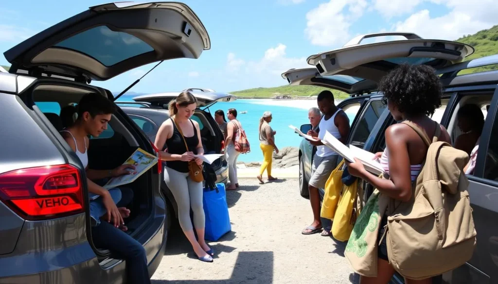 Rental cars parked near Simpson Bay Beach with tourists preparing for a day of exploration Rental cars parked near Simpson Bay Beach with tourists preparing for a day of exploration