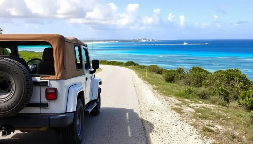 Rental jeep on the coastal road near Mudjin Harbour showing transportation options for Mudjin Harbour Turks & Caicos things to do