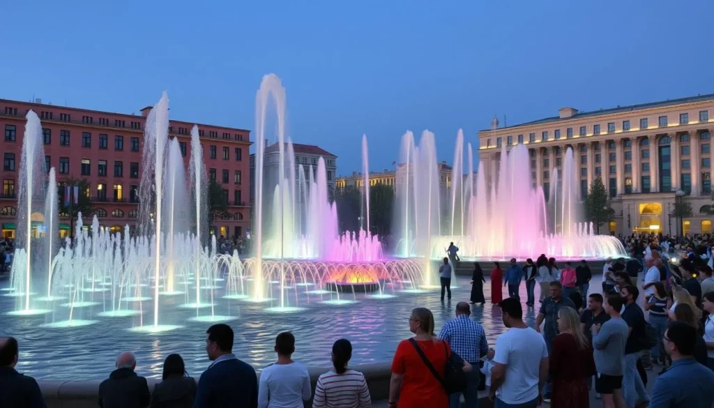 Republic Square in Yerevan during evening with the musical fountains show and illuminated pink buildings Republic Square in Yerevan during evening with the musical fountains show and illuminated pink buildings