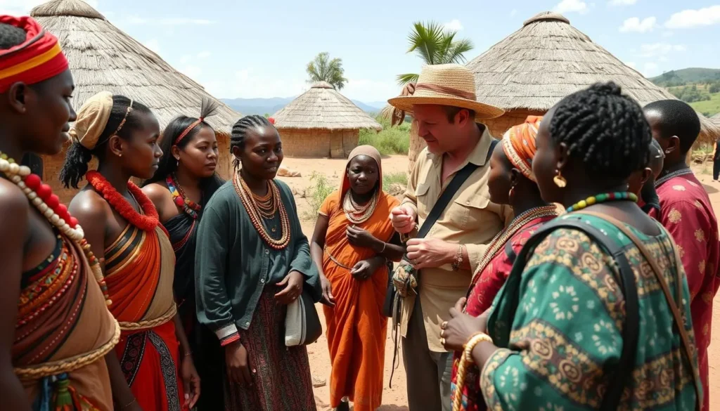 Respectful cultural exchange between tourists and Omo Valley tribal members with a local guide facilitating communication
