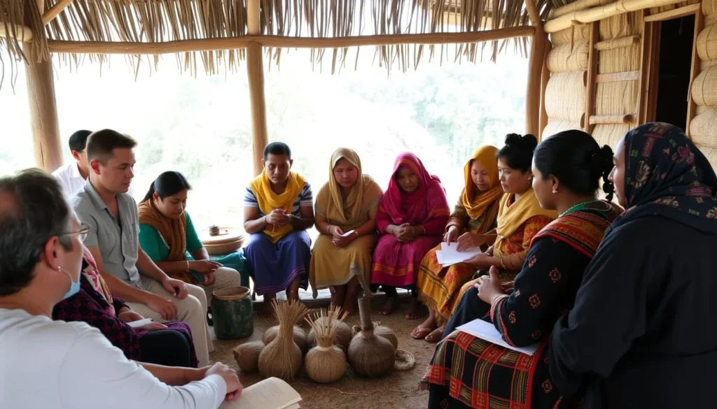 Respectful tourist interaction with indigenous community members, exchanging cultural knowledge