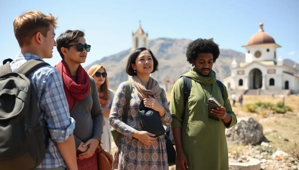 Respectful visitors observing local customs at Mount Zuqualla with appropriate dress and behavior
