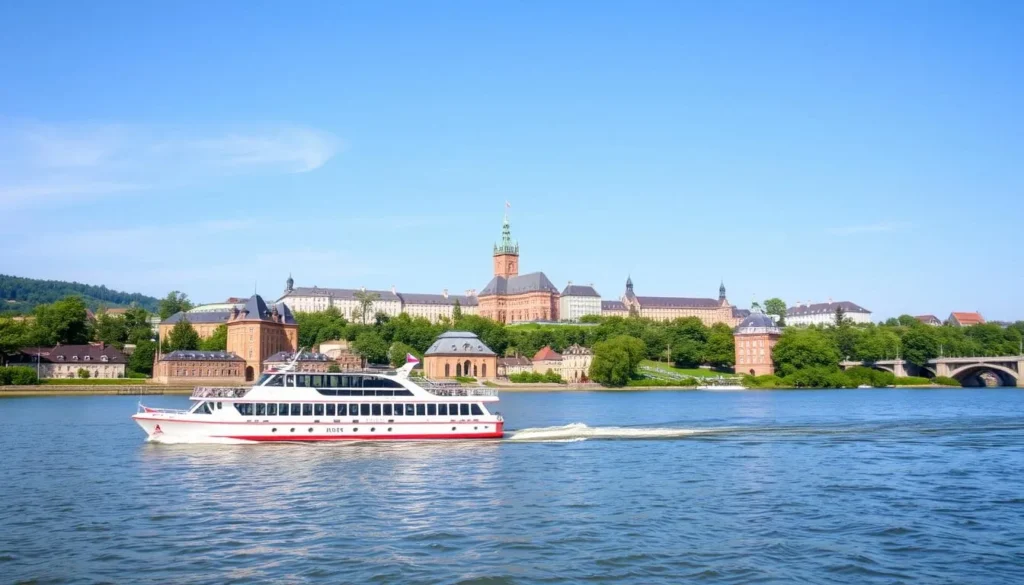 Rhine River cruise boat passing by Bonn with the city skyline visible